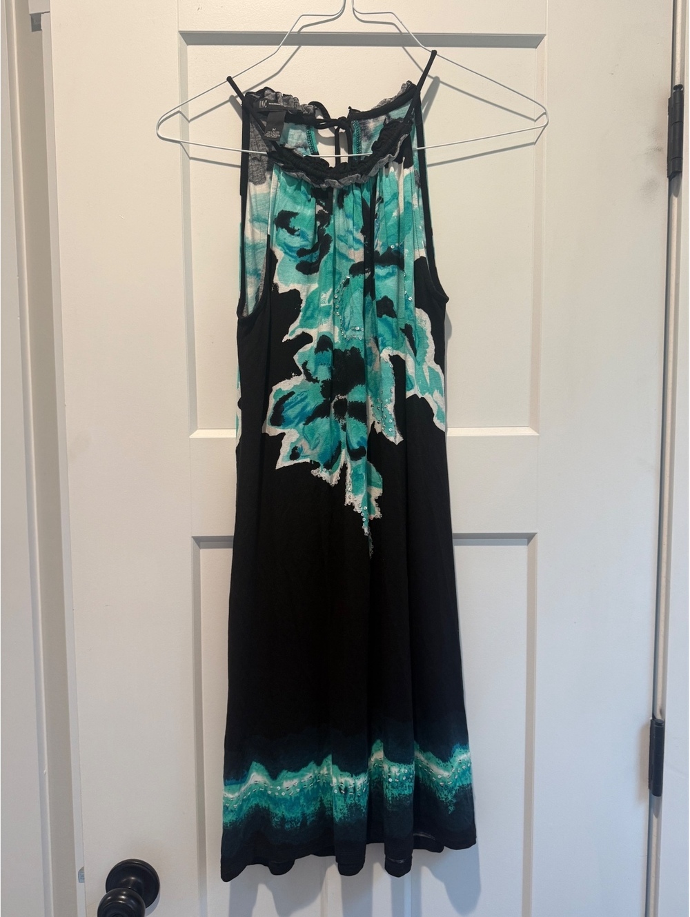 INC International Concepts Black Teal Floral Maxi Dress M Embellished Halter